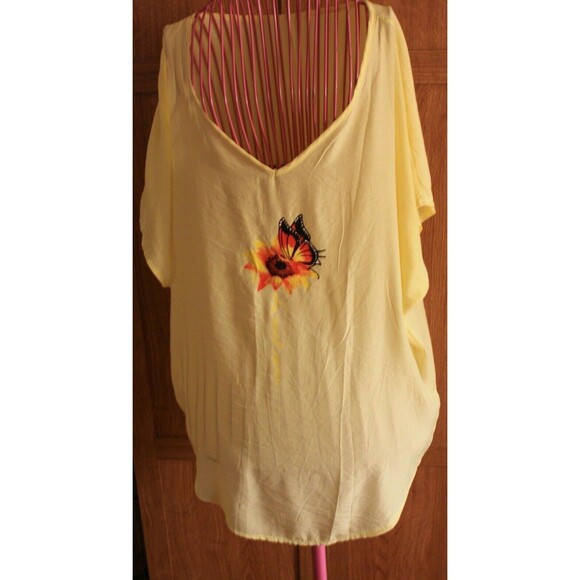 WOMEN'S SHEER YELLOW SS TOP BUTTERFLY FLOWER "NEVER GIVE UP" NEW  XXL LADIES - Picture 1 of 5